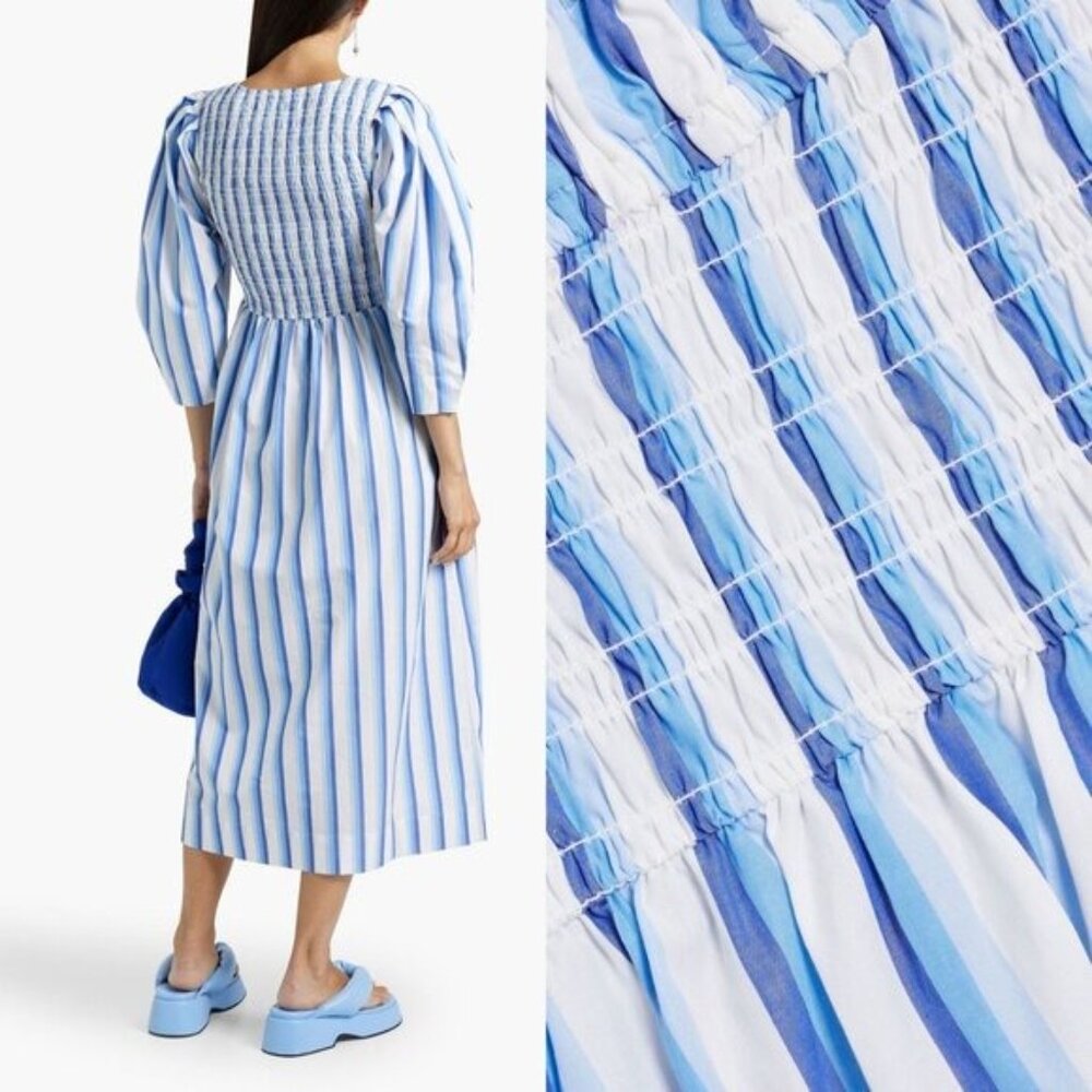 Coastal Blue Stripe Midi Dress Puff Sleeve Smocked Summer GANNI NWT - Picture 4 of 12